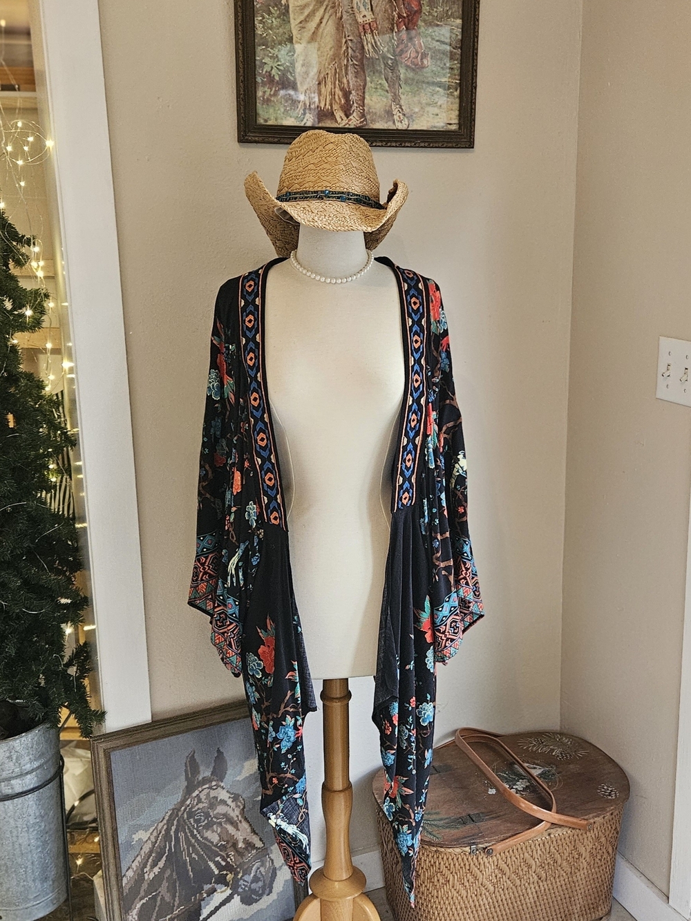Flying Tomato Black Floral Open-Front Kimono with Turquoise & Coral Accents